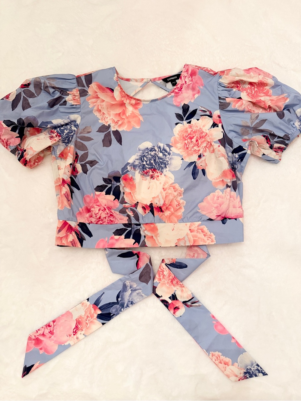 Express Blue Floral Puff Sleeve Crop Top with Pink flowers, Bow back